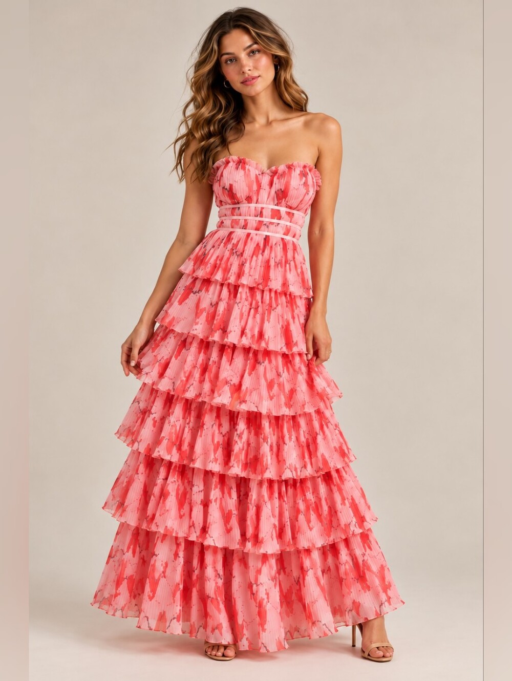 Hutch Monaco Strapless Ruffled Tiered Plisse Maxi Gown Pink Red - Size 0